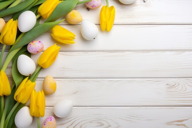 Easter background of white wood with yellow tulips and multicolored eggs ai generated