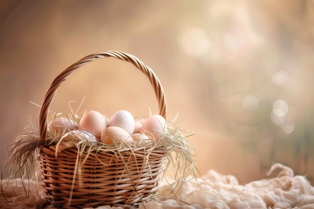 Easter background with basket of eggs in the sunlight