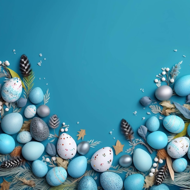 Easter background with blue eggs feathers and decorations on a blue background