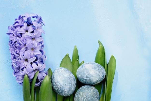 Sfondo di pasqua con uova blu e fiori primaverili