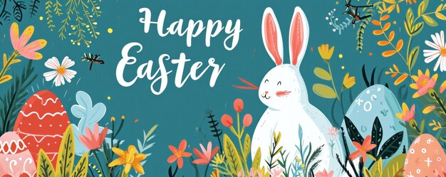 Photo easter background with bunny and eggs happy easter cute banner
