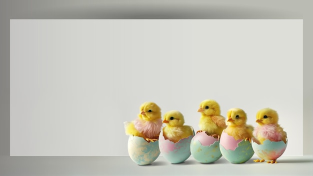 Easter background with chicks and easter eggs and banner for text