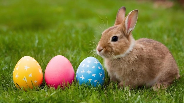 Easter background with colored eggs and rabbit