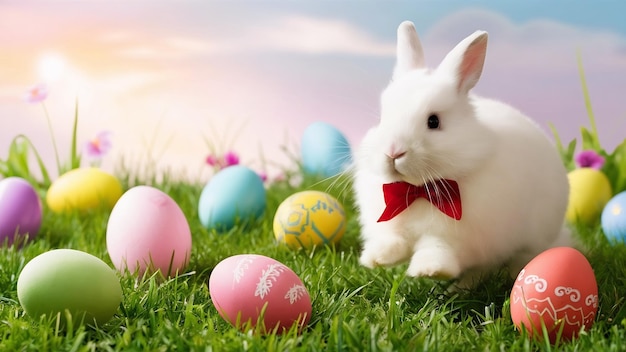 Easter background with colored eggs and rabbit