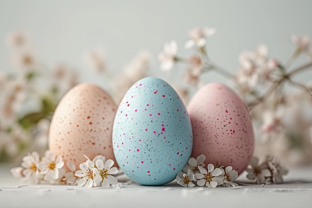 부활절 배경에는 색깔의 계란과 흰색 봄 꽃이 있습니다