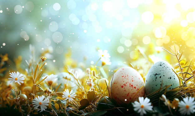 Photo easter background with colored eggs