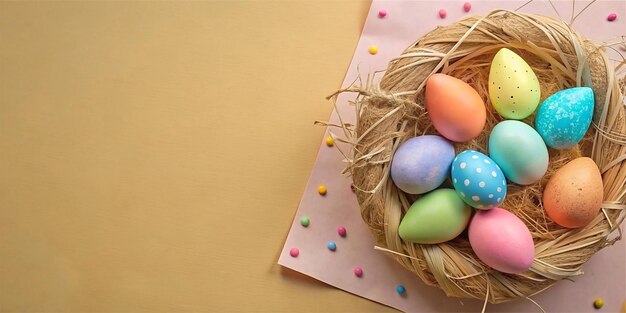 An Easter Background With Colorful Eggs In A Basket