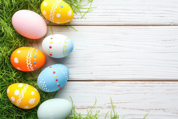 Photo easter background with colorful eggs and green grass on wooden background