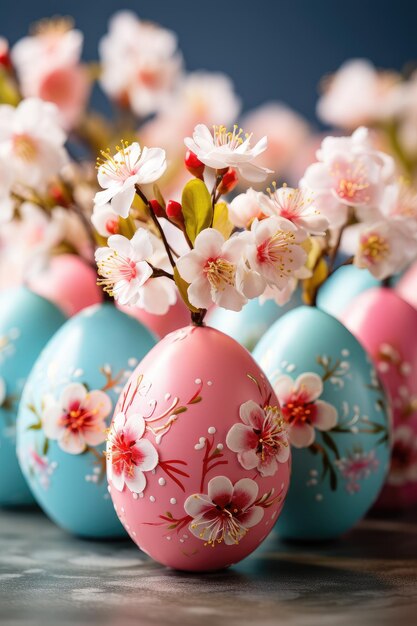 色とりどりの卵と春の花のイースターの背景 - 幸せなイースター