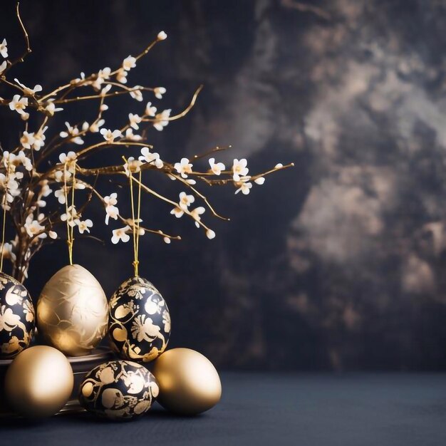 Easter background with copy space Decorative golden black and white Easter eggs hang on a golden b