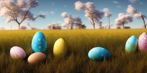 Easter background with decorated Easter on a green meadow in the spring season Concept for Easter holiday banner