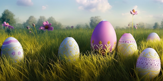 Easter background with decorated Easter on a green meadow in the spring season Concept for Easter holiday banner