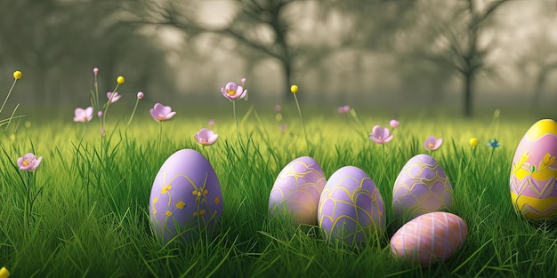 Easter background with decorated Easter on a green meadow in the spring season Concept for Easter holiday banner