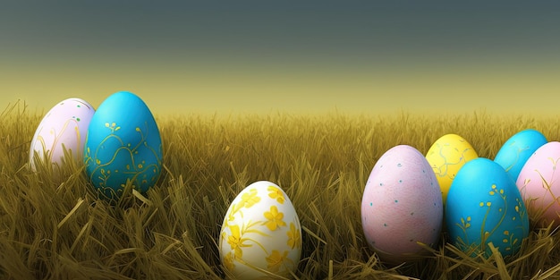 Easter background with decorated Easter on a green meadow in the spring season Concept for Easter holiday banner