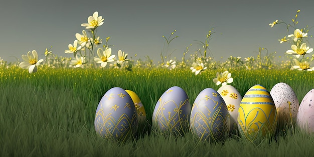 Easter background with decorated Easter on a green meadow in the spring season Concept for Easter holiday banner