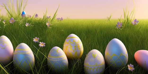 Easter background with decorated Easter on a green meadow in the spring season Concept for Easter holiday banner