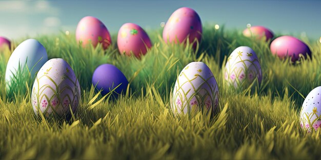 Easter background with decorated Easter on a green meadow in the spring season Concept for Easter holiday banner