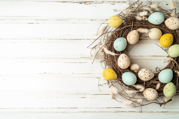 Easter background with Easter eggs in a basket on wooden surface Top view with copy space