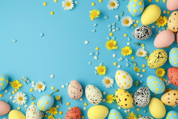 Easter background with eggs and daisies on a blue background with copy space