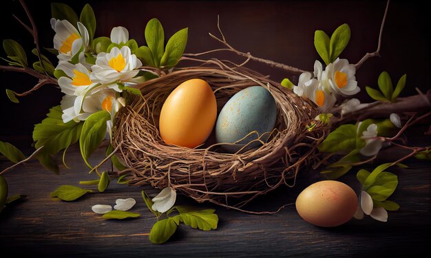 Easter background with eggs and spring branches Happy Easter generative AI