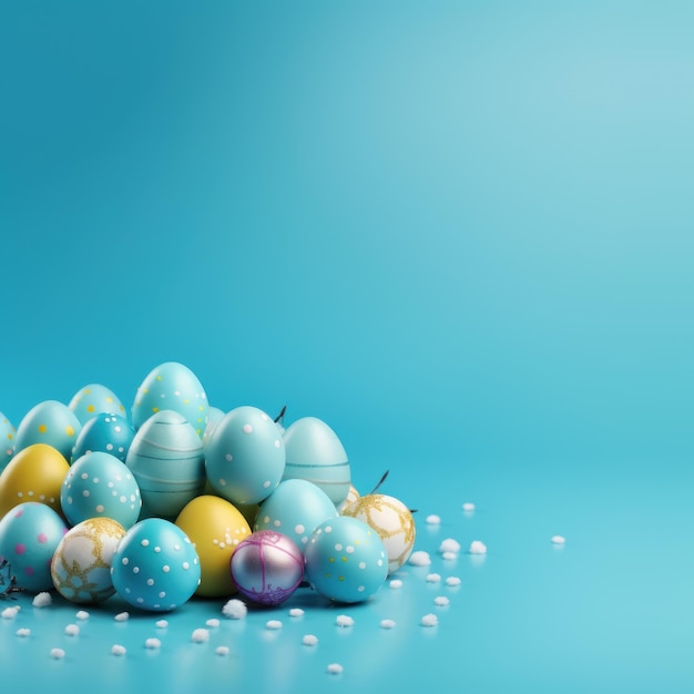 Easter background with eggs and spring flowers on dark blue background front view with copy space