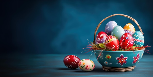 Easter background with eggs and spring flowers on dark blue background Front view with copy space