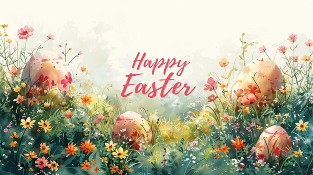 Easter background with flowers and easter eggs Greeting card