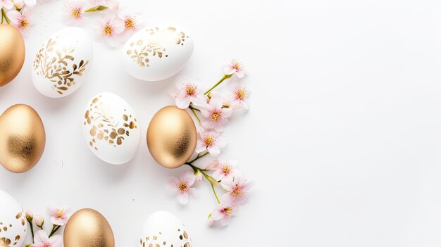 Photo easter background with golden eggs and spring flowers flat lay top view copy space