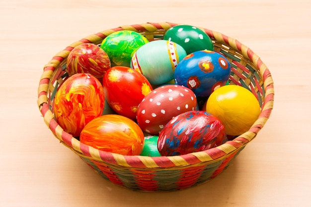 Photo easter background with handmade colored eggs on nest top view festive tradition