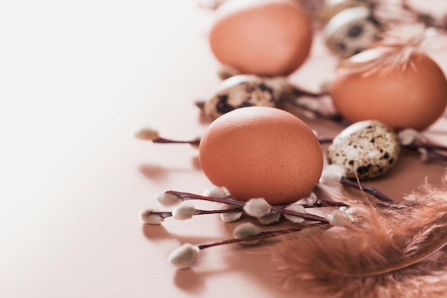 Easter background with natural color eggs and brown feathers