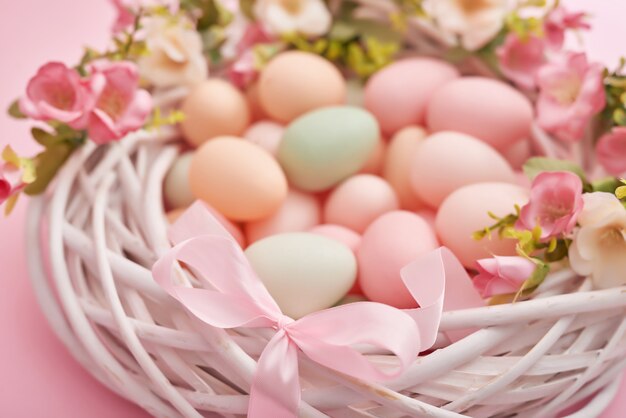 Easter background with painted eggs in nest.