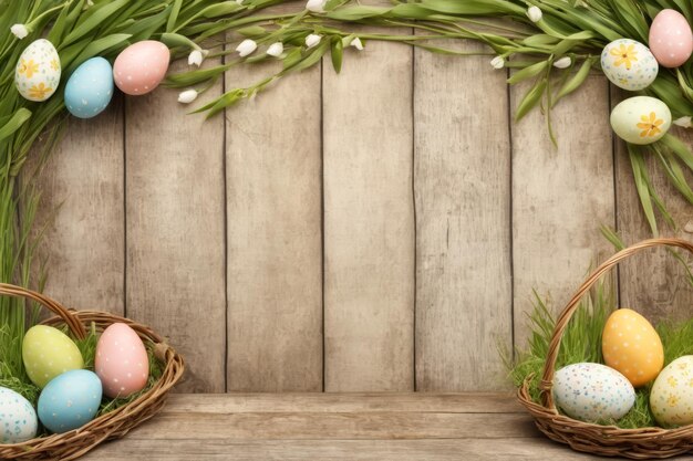 Easter background with pastel colored easter eggs in wicker baskets on wooden tabletop grass and fol