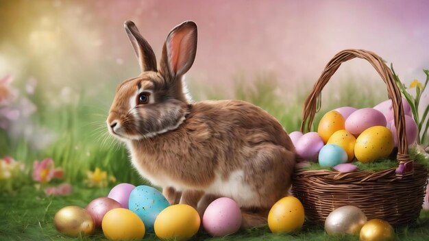 Easter background with rabbit and chocolate eggs