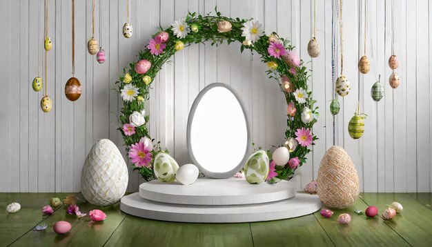 Easter background with round podium and easter ornaments