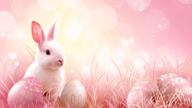 写真 白いウサギと草の中のイースターの卵を背景にしたイースター