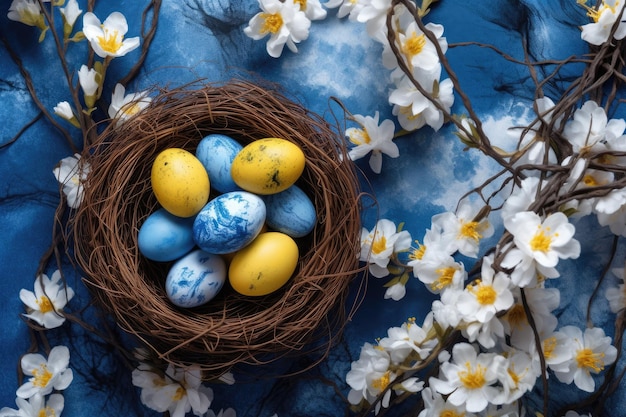 イースターの背景に黄色の花、青と白の卵が入った卵の巣、上面ビューのコピー スペース