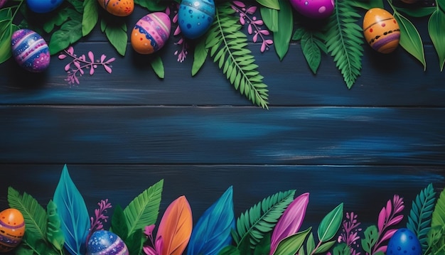 easter background wooden wall with copy space egg pattern leaves and flowers generative ai