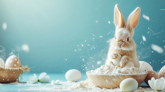 Easter Baking bunny with flour and eggs on blue background with copy space