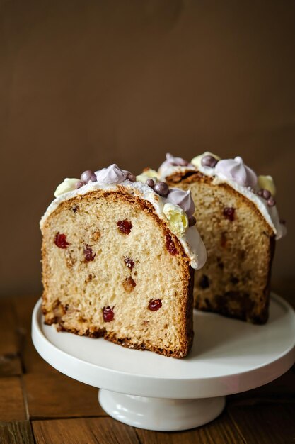 Easter baking Kulich Cake with raisins candied oranges and dried cranberries Dessert for Easter