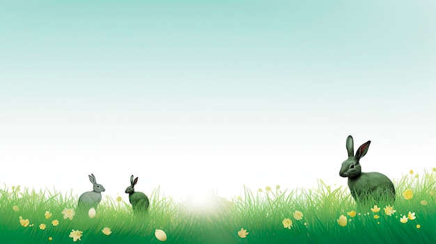 Easter banner illustration with Easter bunnies green flowers on the meadow Isolated on white
