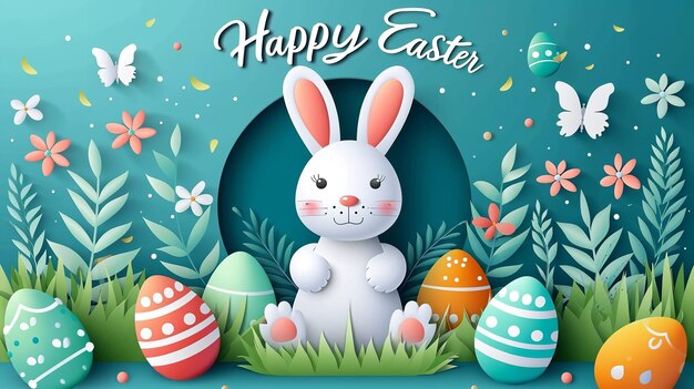 Easter banner and poster template featuring a light blue backdrop and a rabbit space Generative AI