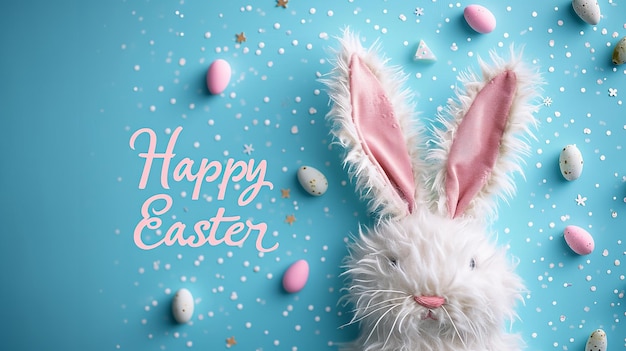 Easter banner and poster template featuring a light blue backdrop and a rabbit space Generative AI