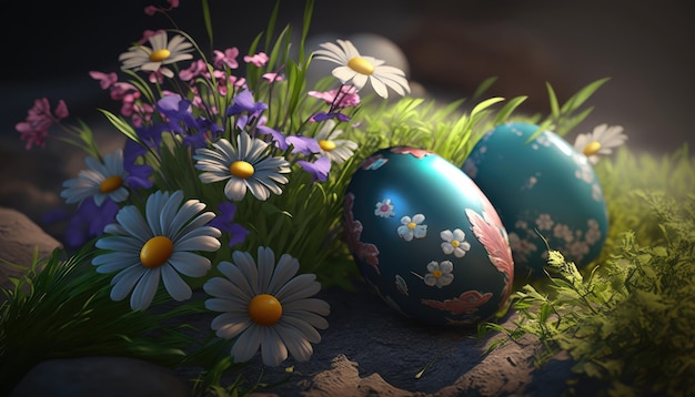 Easter Banner Realistic Colorful Eggs Generative AI