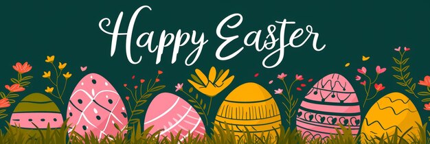 Photo easter banner with colorful eggs among spring flowers and happy easter greetings on dark background