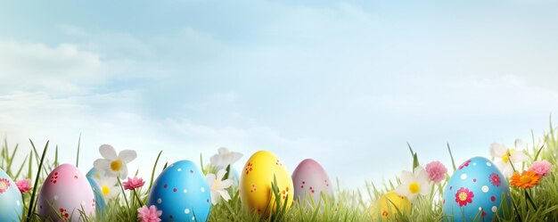 Photo easter banner with colorful eggs grass and flowers with empty copy space