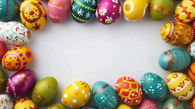 Foto bandiera di pasqua con uova colorate vista superiore delle uova di pasqua con spazio di copia per il testo