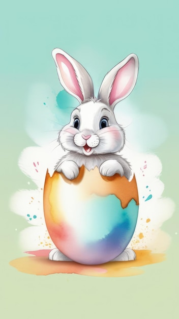 Easter banner with cute Easter bunny hatching from pastel color Easter egg on pastel color background Illustration of Easter rabbit sitting in cracked eggshell Happy Easter greeting cardCopy space