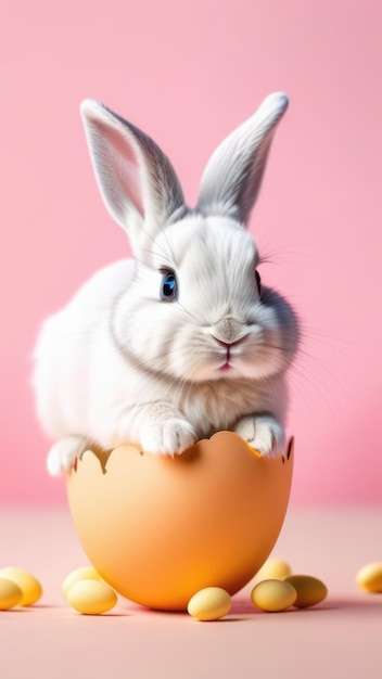 パステルカラーのイースターバナーパステル色の背景にイースターの卵カタカタした卵に座っているイースターウサギのイラストハッピーイースターグリーティングカードコピースペース