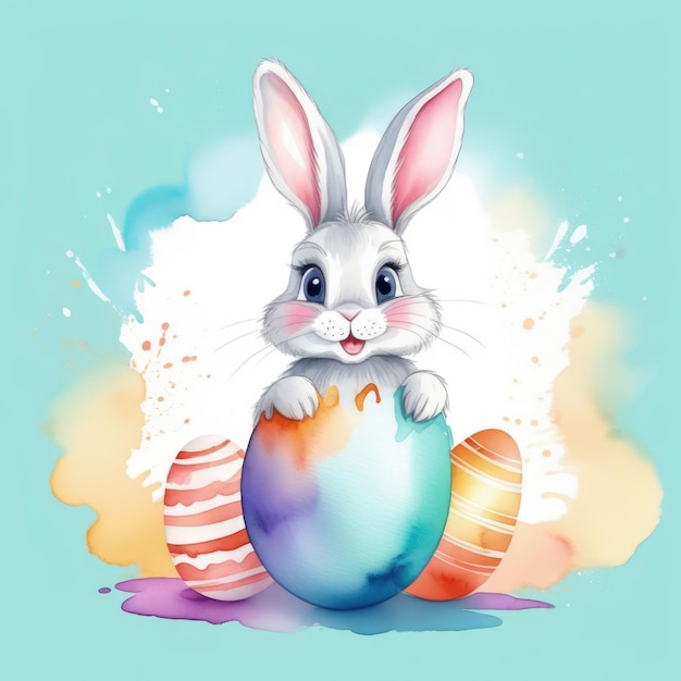 Easter banner with cute Easter bunny hatching from pastel color Easter egg on pastel color background Illustration of Easter rabbit sitting in cracked eggshell Happy Easter greeting cardCopy space
