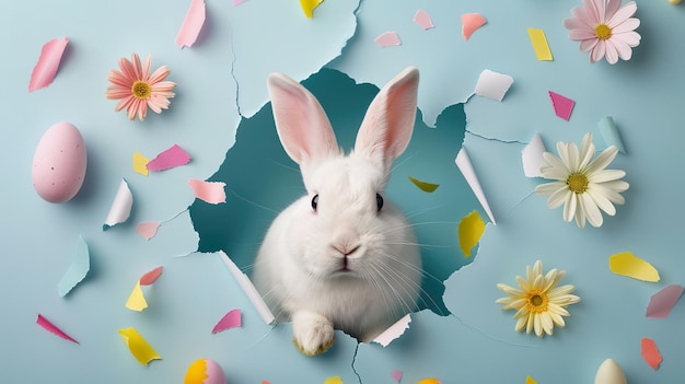 Easter banner with easter eggs and rabbit peeking out of paper hole